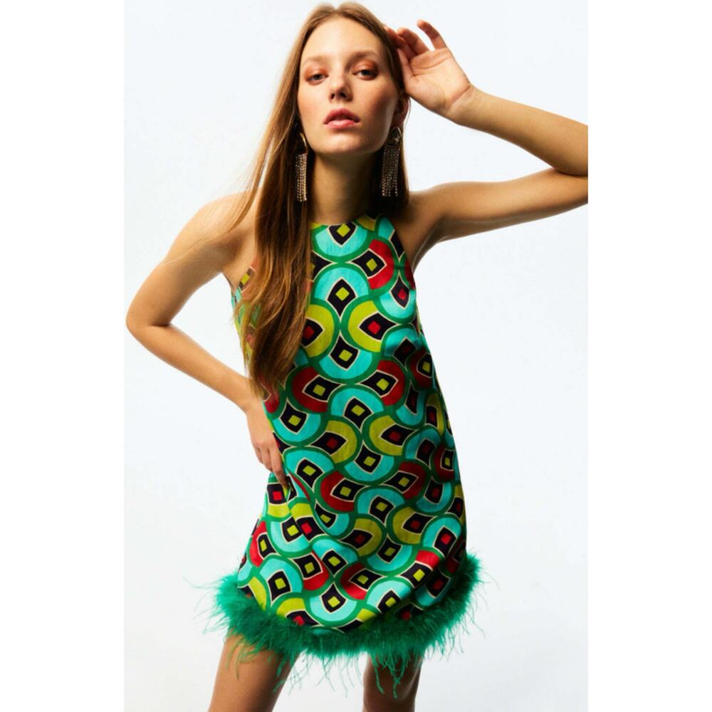 Nocturne Green Harlequin Feather Hem Mod Retro Halter Dress Linen Blend 38 6